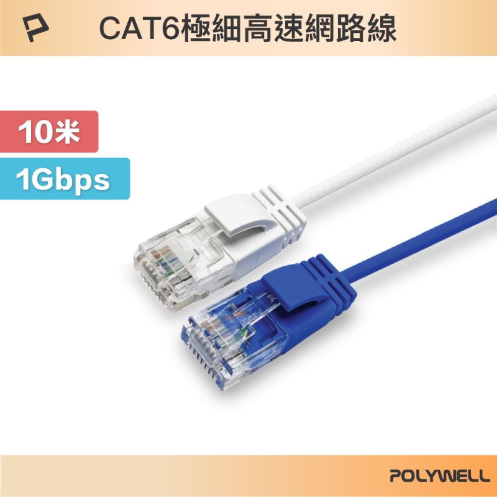 POLYWELL 寶利威爾 CAT6 極細高速網路線 /10M /白色/藍色