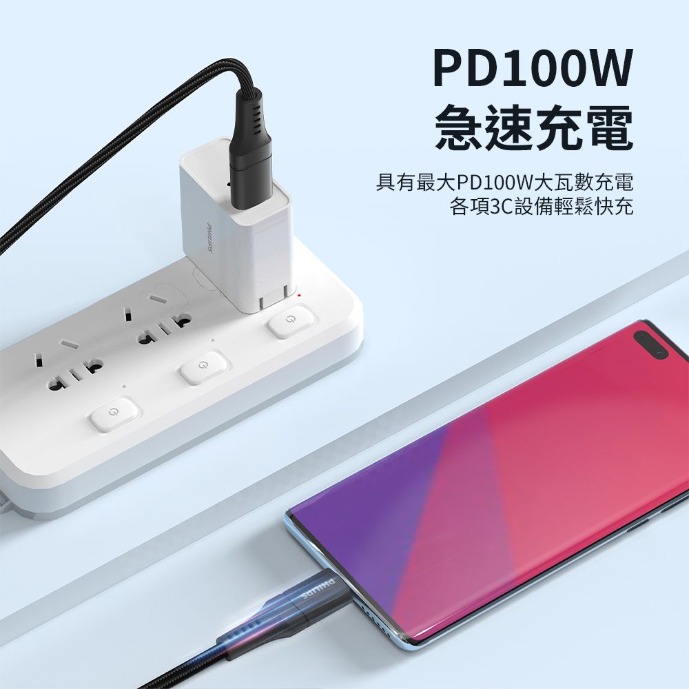 PHILIPS 飛利浦 (3入組) USB-C to USB-C 100W超快速傳輸充電線200cm DLC4108CB/96