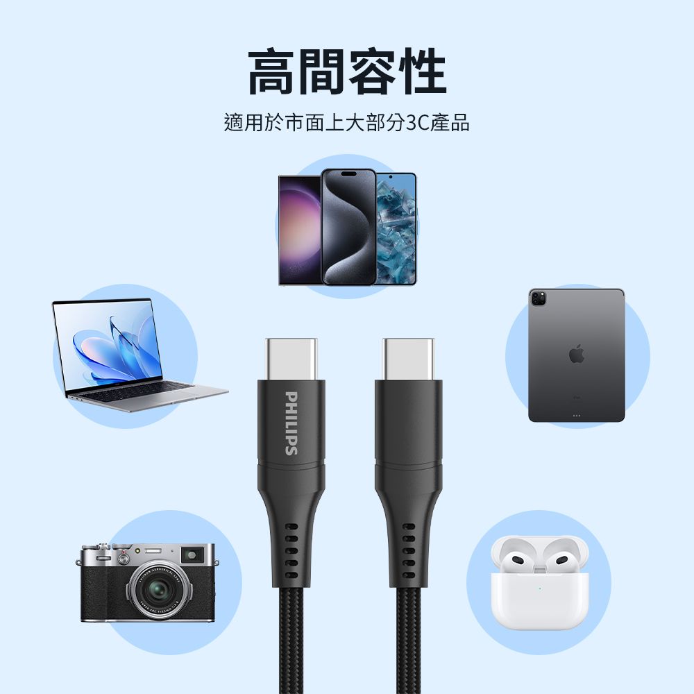 PHILIPS 飛利浦 (3入組) USB-C to USB-C 100W超快速傳輸充電線200cm DLC4108CB/96