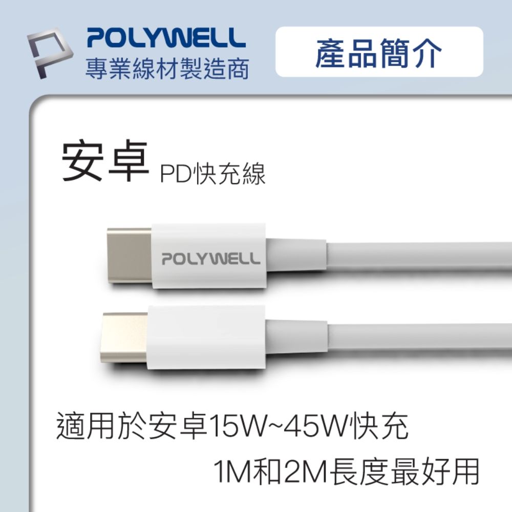 POLYWELL 寶利威爾 Type-C To Type-C 3A 45W PD快充傳輸線 1M