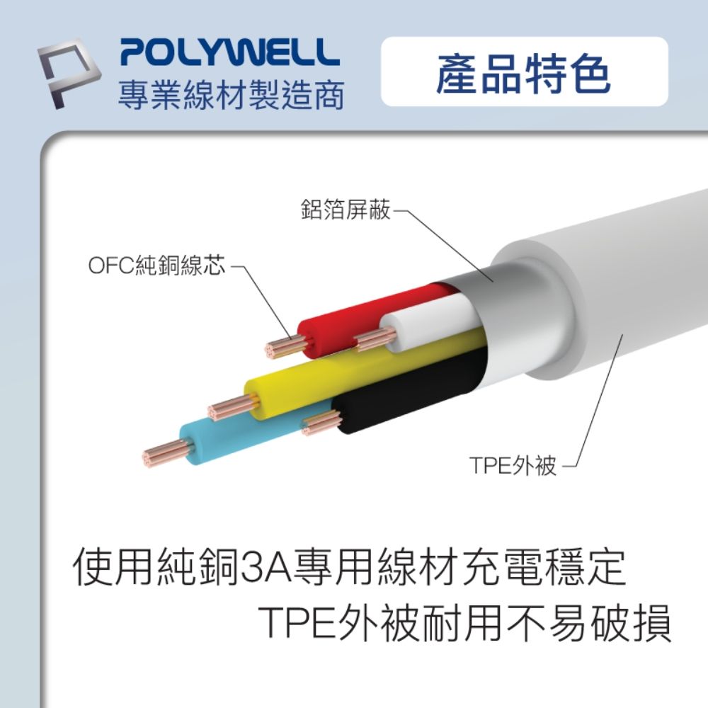 POLYWELL 寶利威爾 Type-C To Type-C 3A 45W PD快充傳輸線 20公分