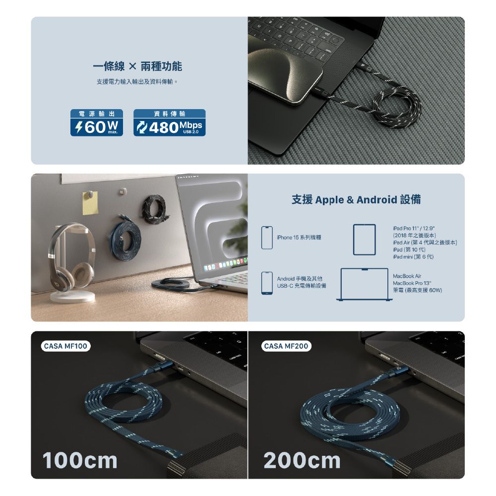 一條線  兩種功能支援電力輸入輸出及資料傳輸。電源輸出資料傳輸480MbpsUSBCASA MF100100cm支援 Apple & Android 設備iPhone 15 系列機種Android 手機及其他USB-C 充電傳輸設備iPad Pro 11 / 12.9(2018 年之後版本iPad Air (第4代與之後版本iPad (第10代)iPad mini (第6代)MacBook AirMacBook Pro 13筆電(最高支援 60W)CASA MF200200cm