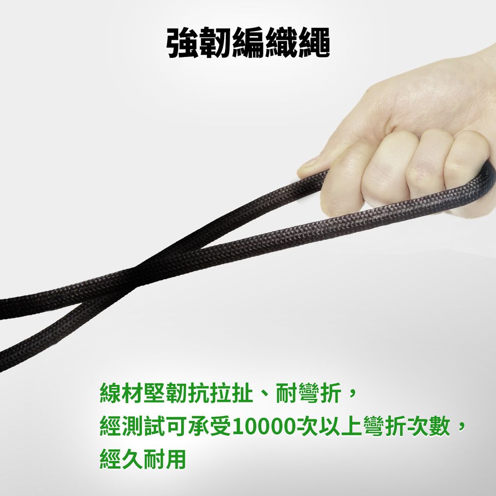 強韌編織繩線材堅韌抗拉扯、耐彎折,經測試可承受10000次以上彎折次數,經久耐用
