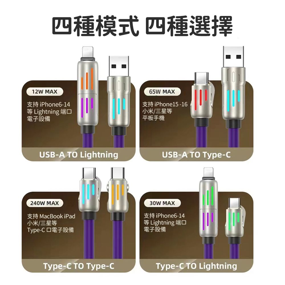 好拾選物 240W四合一光柱高效超級快速充電線 100cm 買一送一