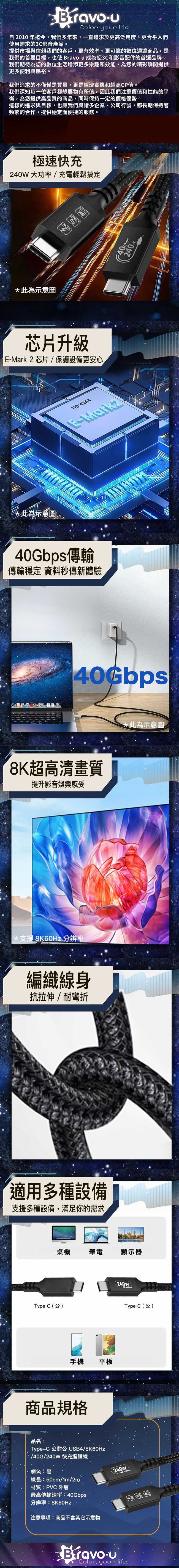 Color yor 自2010年迄今,我們多年來,一直追求於更高泛用度、更合乎人們使用需求的3C影音產品。提供市場與信賴我們的客戶,更有效率、更可靠的數位週邊商品,是我們的首要目標,也使 Bravou 成為您3C和影音配件的首選品牌。我們期待為您的數位生活增添更多樂趣和效能,為您的精彩瞬間提供更多便利與餘裕。我們追求的不僅僅是質量,更是經濟實惠和超高CP值。我們深知每一位客戶都想要物有所值,因我們注重價值和性能的平衡,為您提供高品質的商品,同時保持一定的價格優勢。這樣的追求與目標,也讓我們與諸多企業、公司行號,都長期保持著頻繁的合作,提供穩定而便捷的服務。極速快充240W大功率/充電輕鬆搞定*此為示意圖芯片升級 E-Mark2芯片/保護設備更安心,此為示意圖TID4244E-40Gbps傳輸傳輸穩定 資料秒傳新體驗:40Gbps240W8K超高清畫質提升影音娛樂感受*支援8K60Hz 分辨率編織線身抗拉伸/耐彎折適用多種設備支援多種設備,滿足你的需求桌機 筆電顯示器(240wType-C(公)Type-C(公)手機 平板商品規格品名:Type-C公對公 USB4/8K60Hz/40G/240W 快充編織線顏色:黑線長:50cm/1m/2m材質:PVC 外層最高傳輸速率:40Gbps分辨率:8K60Hz注意事項:商品不含其它示意物240WBravo-uColor your *此為示意圖