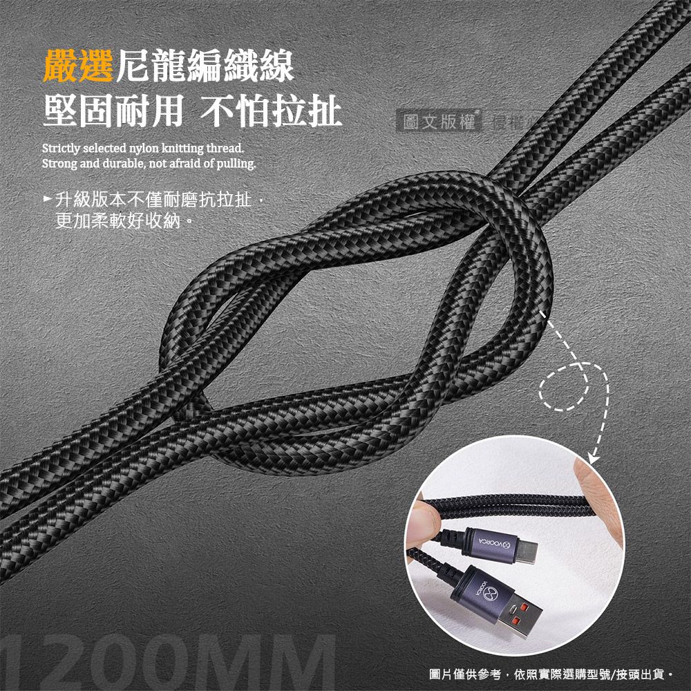 嚴選尼龍編織線堅固耐用 不怕拉扯Strictly selected nylon knitting threadStrong and durable, not afraid of pulling.版本不僅耐磨抗拉扯更加柔軟好收納。圖文版權1200MM圖片僅供參考,依照實際選購型號/接頭出貨。