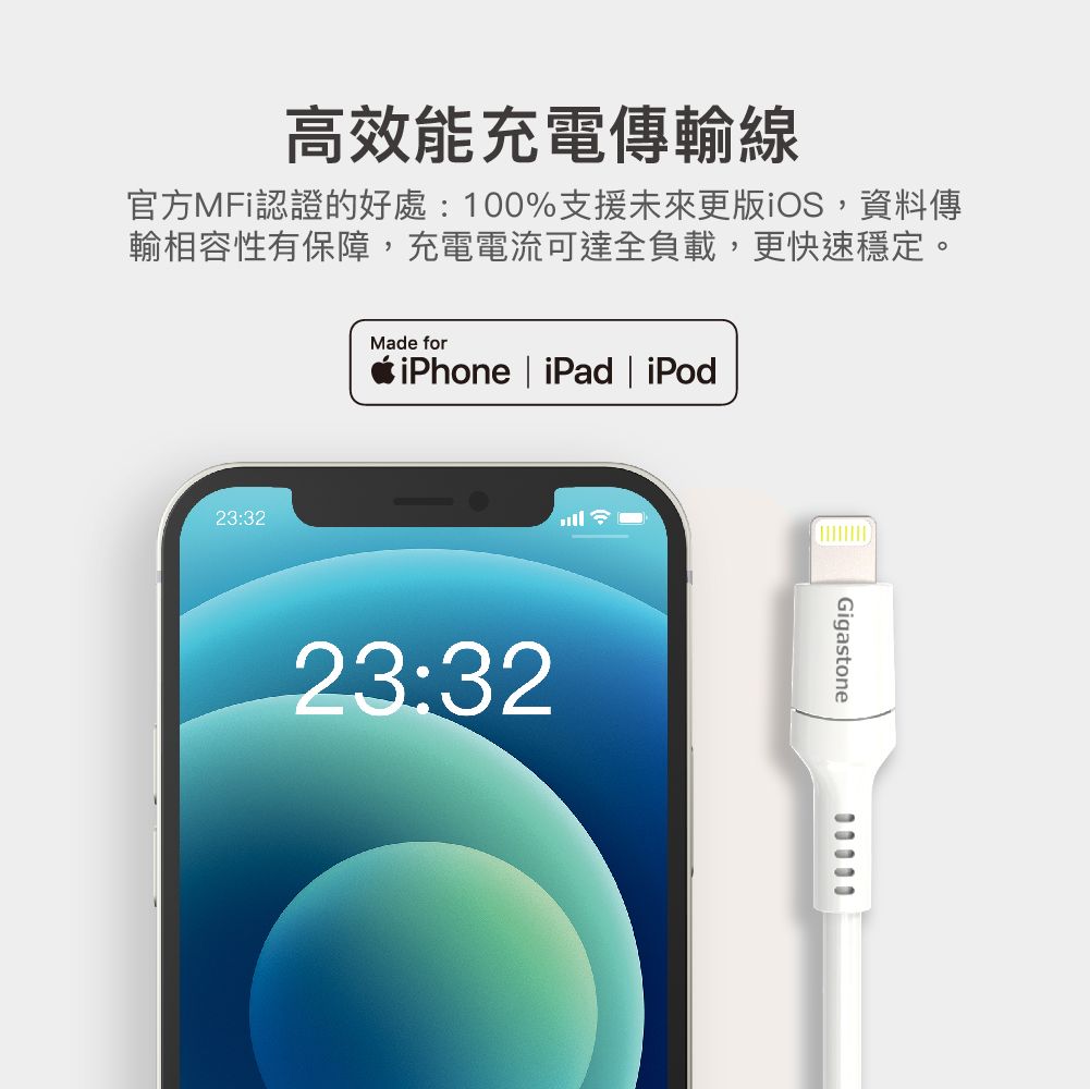 高效能充電傳輸線官方MFi認證的好處:100%支援未來更版iOS,資料傳輸相容性有保障,充電電流可達全負載,更快速穩定。23:32Made foriPhone | iPad | iPod23:32Gigastone