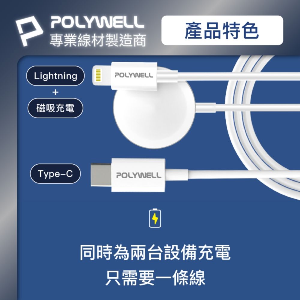 PPOLYWELL專業線材製造商產品特色Lightning+磁吸充電POLYWELLType-CPOLYWELL4同時為兩台設備充電只需要一條線