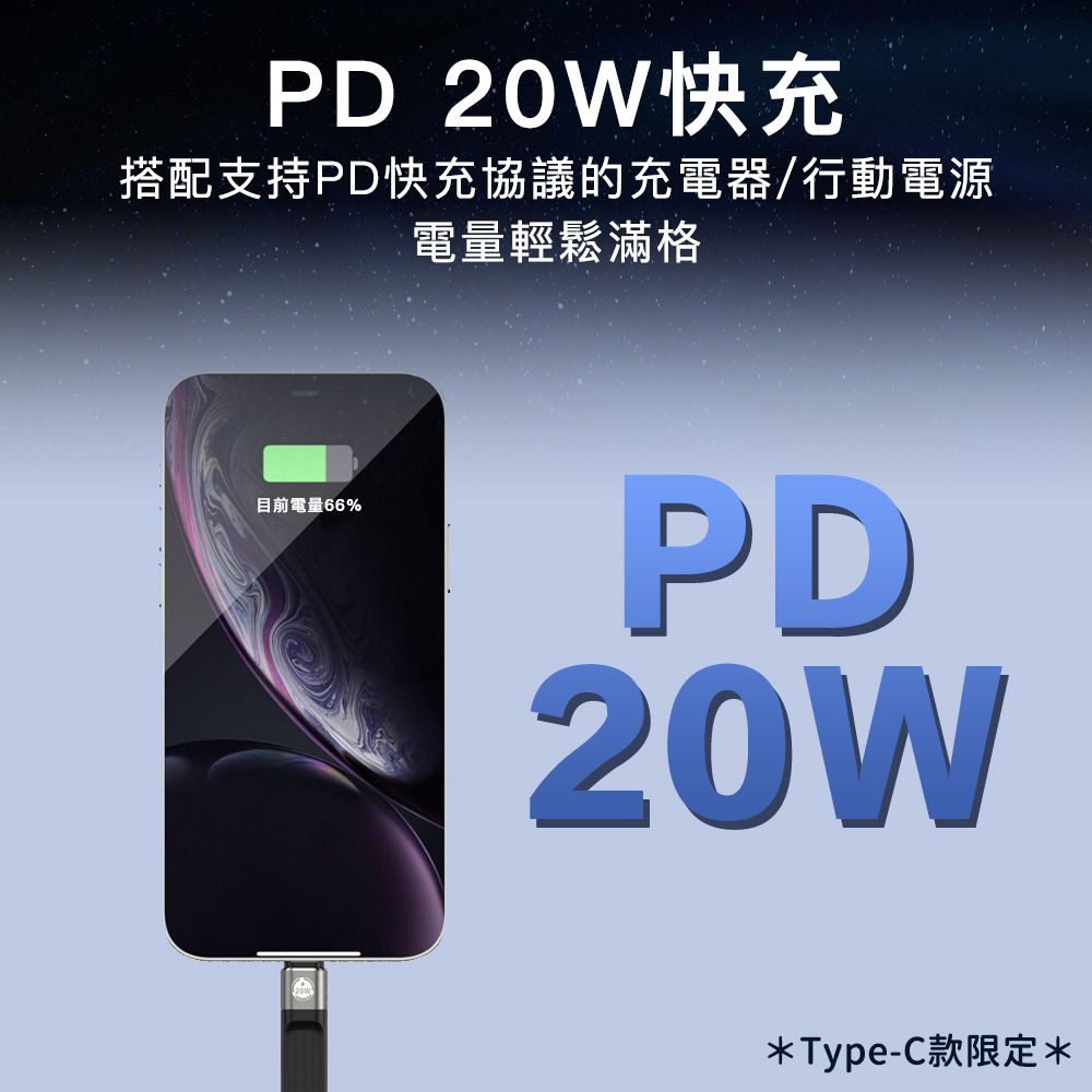 PD 20W快充搭配支持PD快充協議的充電器/行動電源電量輕鬆滿格目前電量66%PD20W*Type-C款限定*