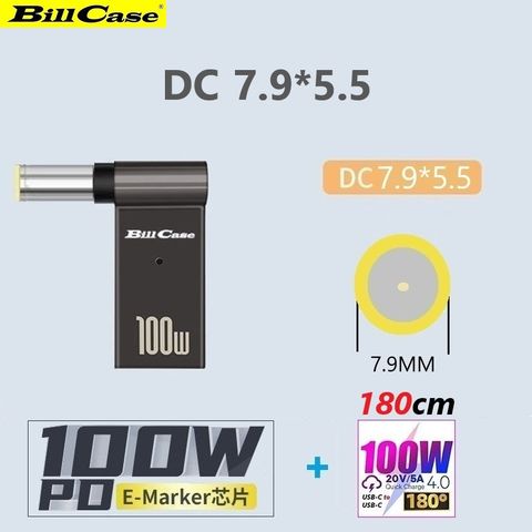 Bill Case 2022 GaN n Roses 高階 E-Mark PD100W USB-C轉DC 7.9*5.5 L型轉接頭+高功180度PD100W雙Type-C閃充傳輸線 森綠180公分 優惠組