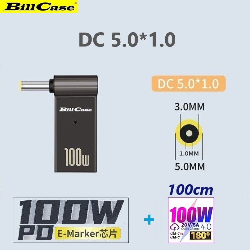 Bill Case  2022 GaN n Roses 高階 E-Mark PD100W USB-C轉 DC 5.0*1.0 L型轉接頭+高功180度PD100W雙Type-C閃充傳輸線 森綠100公分 優惠組