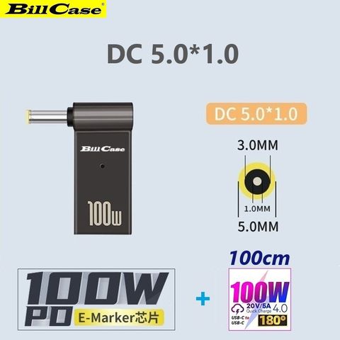 Bill Case 2022 GaN n Roses 高階 E-Mark PD100W USB-C轉 DC 5.0*1.0 L型轉接頭+高功180度PD100W雙Type-C閃充傳輸線 森綠100公分 優惠組