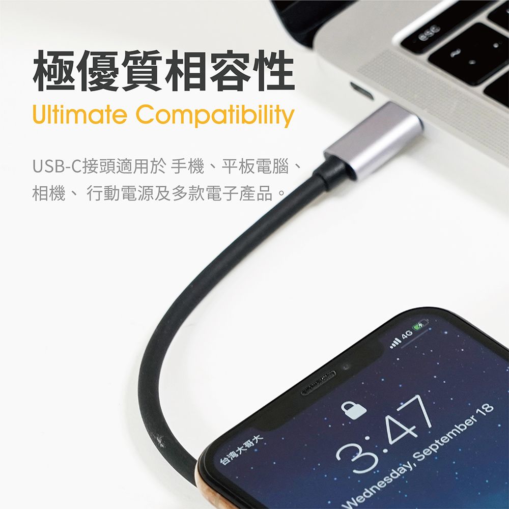 極優質相容性Ultimate CompatibilityUSB-C接頭適用於手機、平板電腦、相機、行動電源及多款電子產品。台湾大哥大 4G3:47Wednesday, September 18