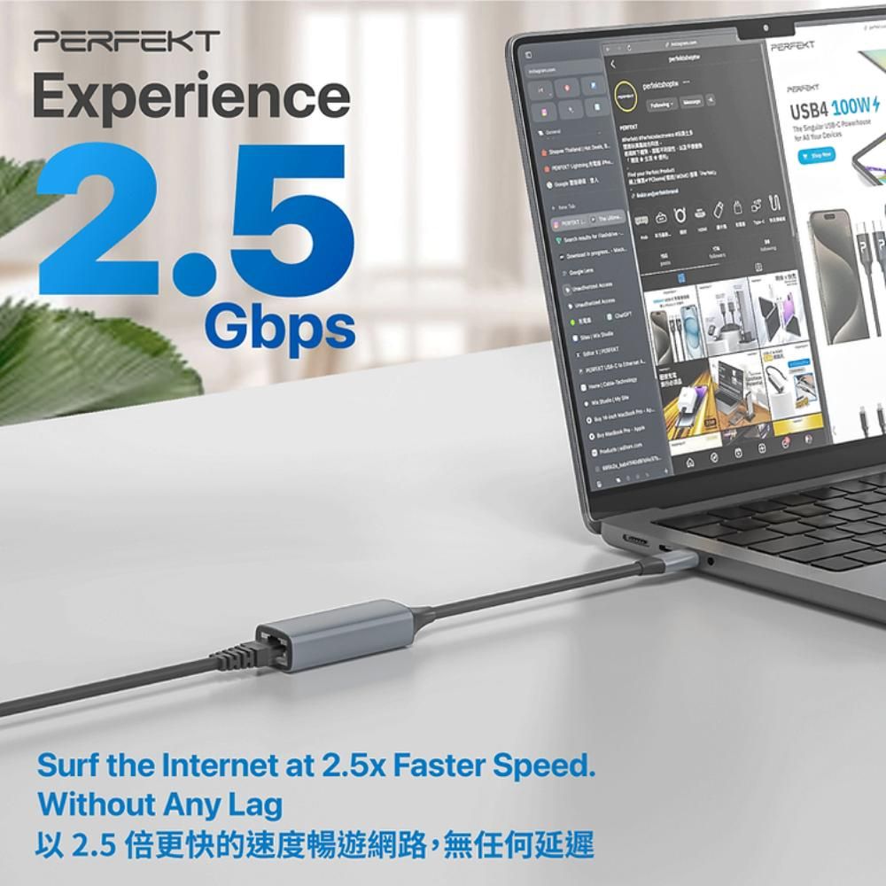 PERFEKT USB Type-C to RJ45 2.5Gbps 超速網路線轉接器 筆電 手機 平板用 (PT-53010)