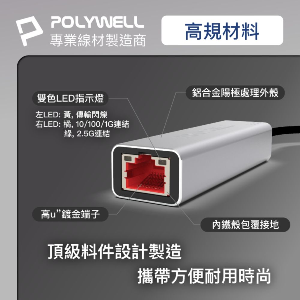 POLYWELL 寶利威爾 USB3.1 Type-C 2.5G 轉RJ45 外接網卡 乙太網路卡