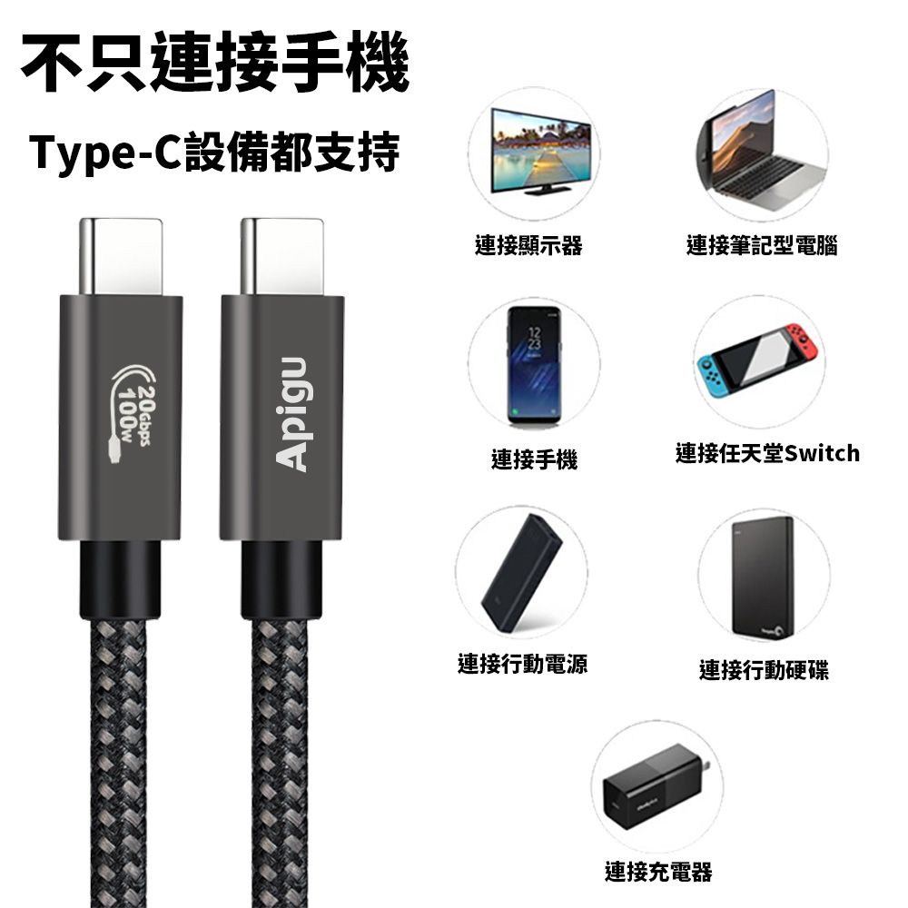 Apigu 谷德 Type-C充電線/數據線/傳輸線USB 3.2 Gen2 PD100W 20Gbps (耐用編織線2公尺)