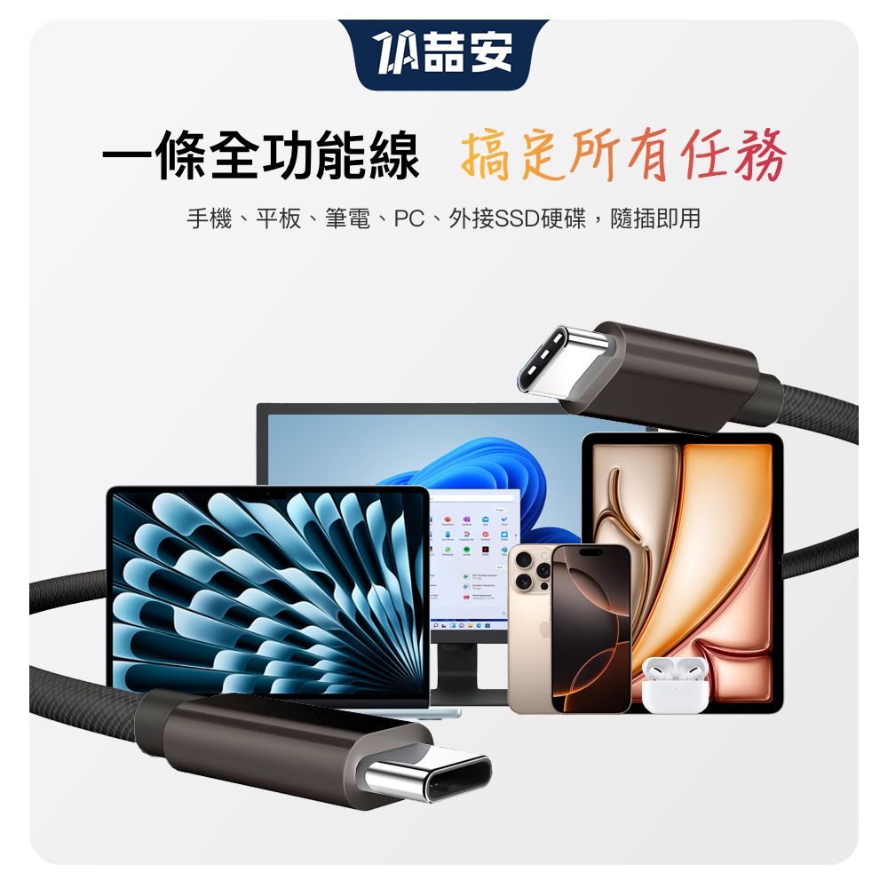 ZA 喆安 USB4/3.2 Gen2 20G Type-C to Type-C編織快充電線 USB-C to Type-C傳輸線 適用平板/筆電/桌機/外接硬碟