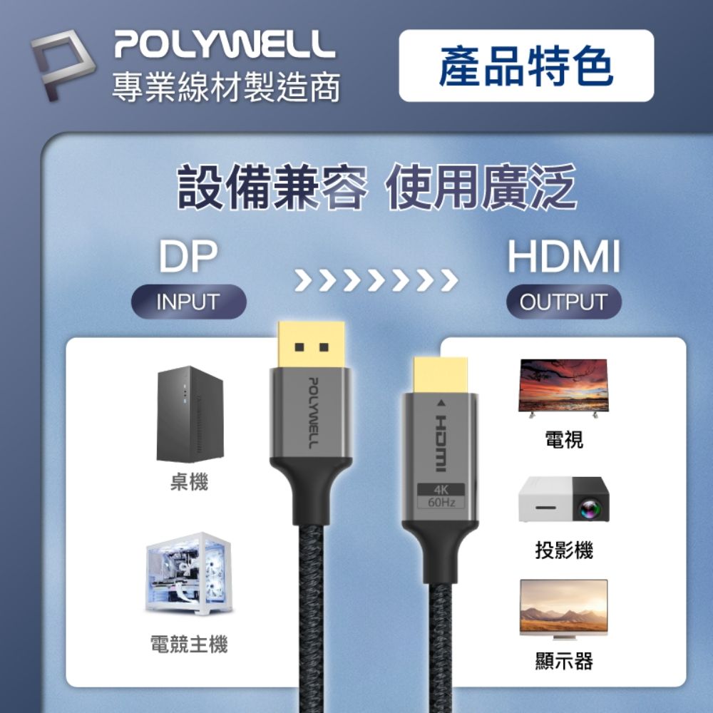 POLYWELL 寶利威爾 DP轉HDMI 鋁合金編織線 4K60Hz /2米