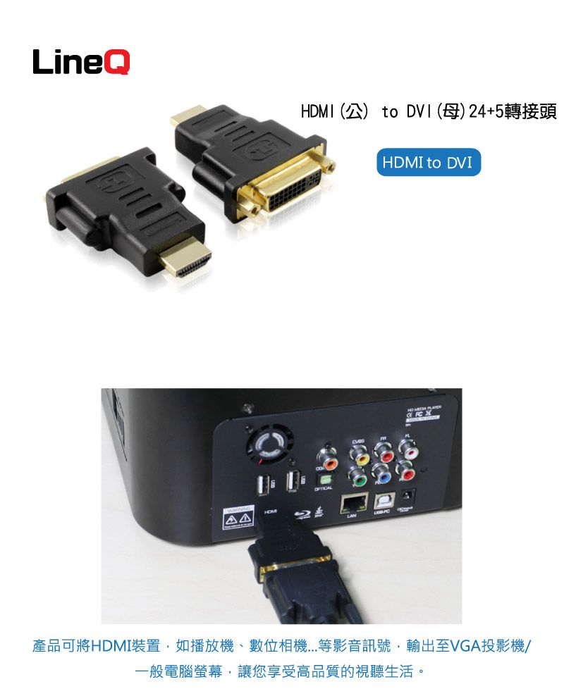 HDMI公) to DVI(母)24+5轉接頭HDMI to DVIHOM產品可將HDMI裝置如播放機、數位等影音訊號,輸出至VGA投影機/一般電腦螢幕,讓您享受高品質的視聽生活。