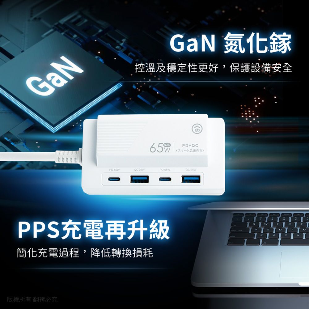 aibo PD65W 氮化鎵GaN PD+QC3.0雙閃充四孔USB充電1.5M延長線