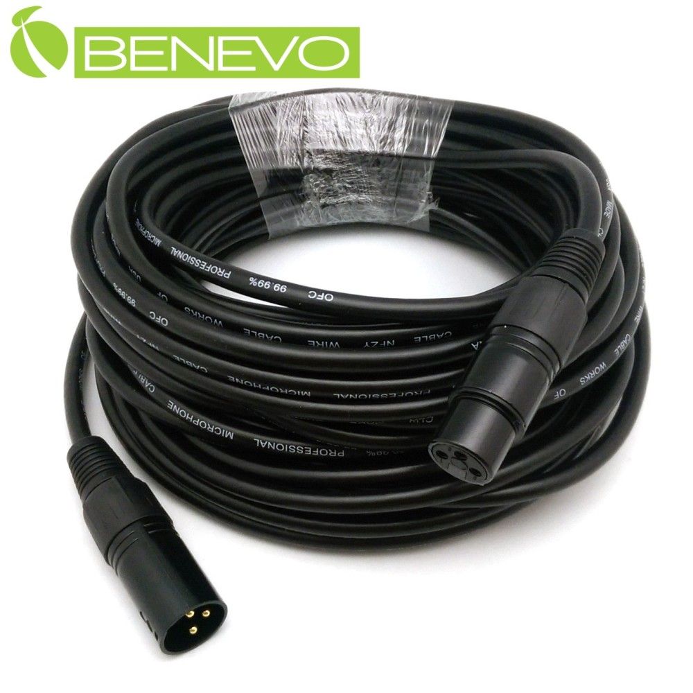  BENEVO 15米 XLR(Cannon接頭)公對母 平衡式音訊連接線 (BAU1500XMF黑)