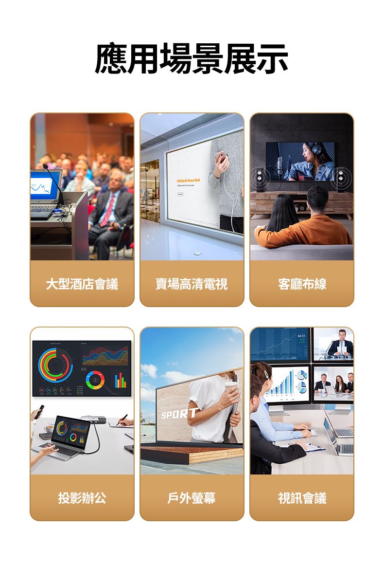 應用場景展示  大型酒店會議賣場高清電視客廳布線SPORT投影辦公戶外螢幕視訊會議