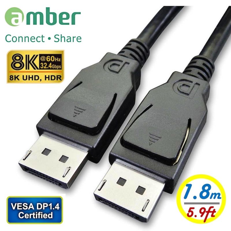 amber VESA DisplayPort 1.4 Certified Cable DP male to DP male,1.8m