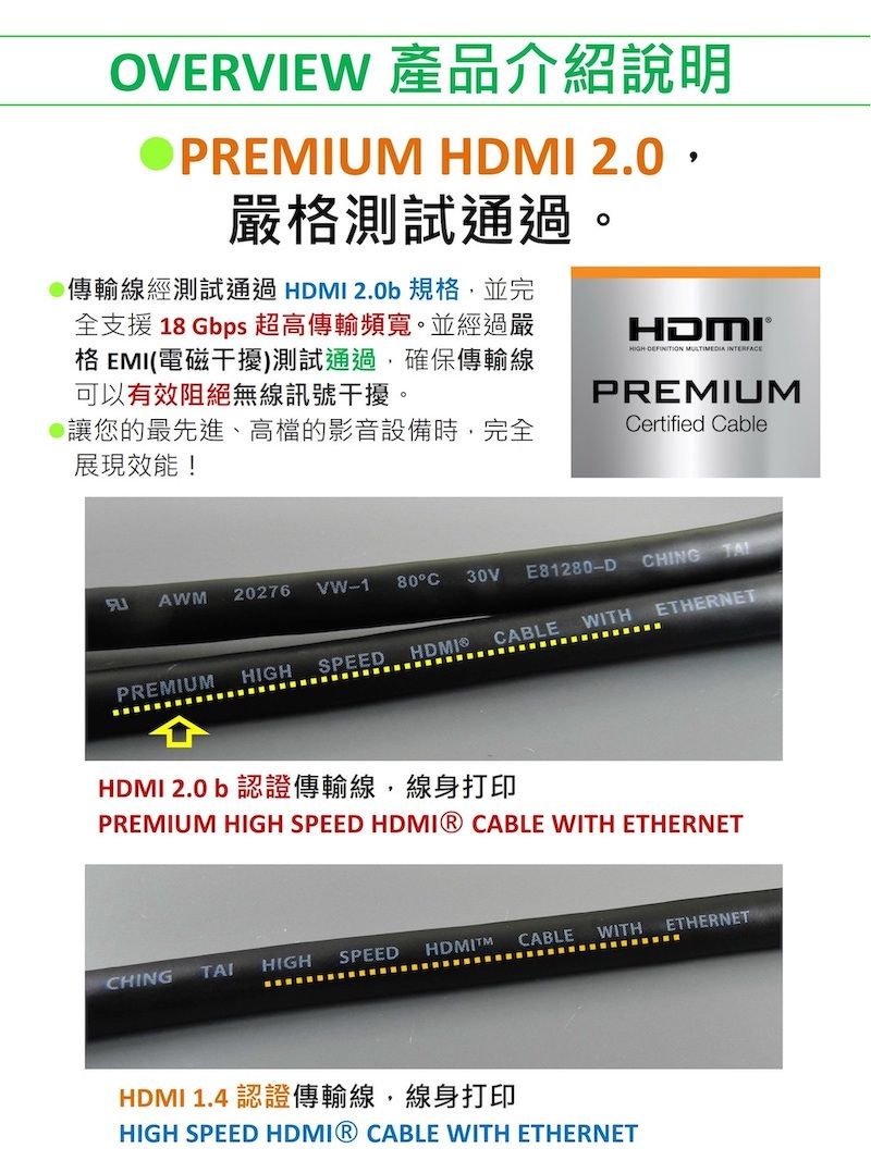 OVERVIEW 產品介紹說明PREIUM HDMI 2.0嚴格測試通過。傳輸線經測試通過 HDMI 2.0b 規格,並完全支援 18 Gbps 超高傳輸頻寬。並經過嚴格EMI(電磁干擾)測試通過,確保傳輸線可以有效阻絕無線訊號干擾。讓您的最先進、高檔的影音設備時,完全展現效能! MULTIMEDIA INTERFAEPREMIUMCertified CableAWM20276 VW-180°C30V E81280-DCHINGPREMIUMWITHCABLESPEEDHIGHETHERNETHDMI 2.0 b 認證傳輸線,線身打印PREMIUM HIGH SPEED HDMI® CABLE WITH ETHERNETCHINGTAI HIGHCABLEHDMIMSPEEDWITH ETHERNETHDMI 1.4 認證傳輸線,線身打印HIGH SPEED HDMI® CABLE WITH ETHERNET