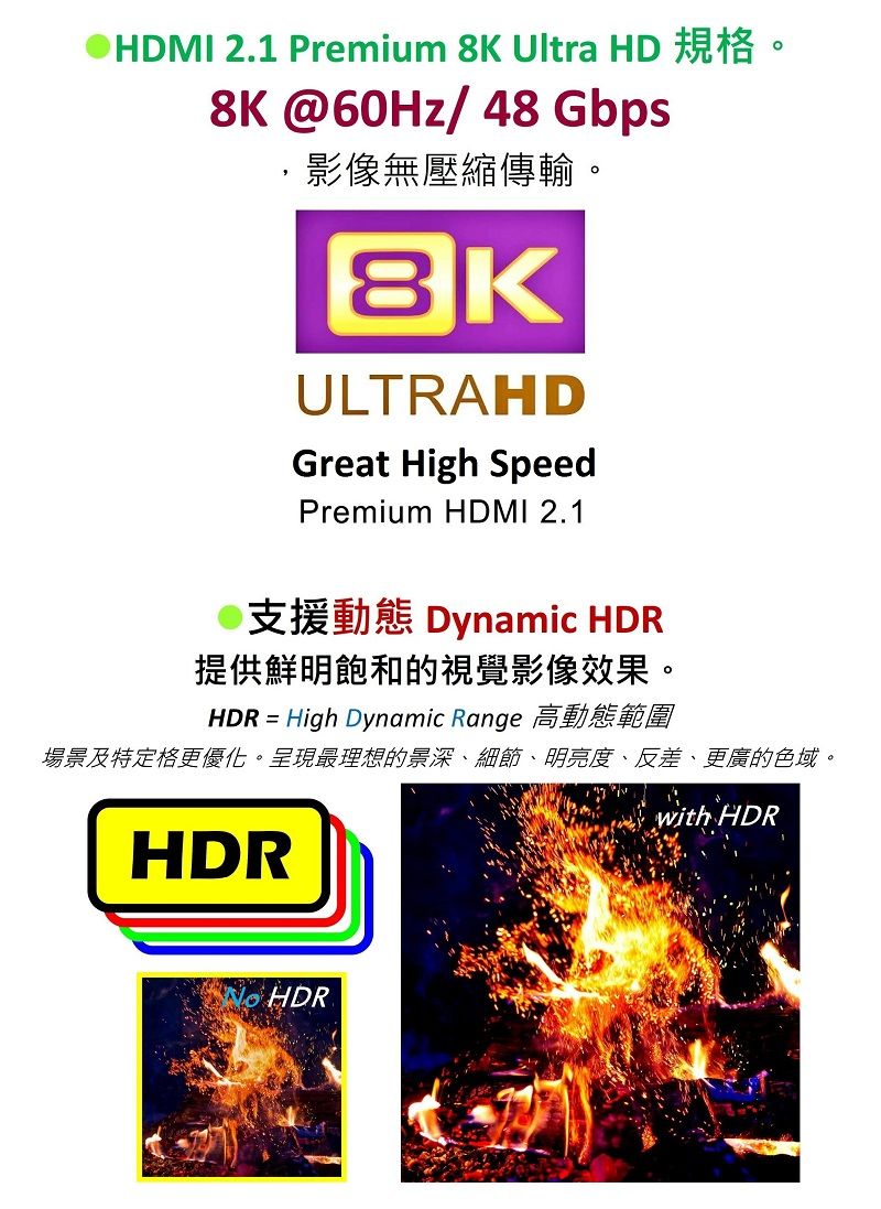 HDMI 2.1 Premium  Ultra HD8K @60Hz/48 Gbps,影像無壓縮傳輸。8KULTRAHDGreat High SpeedPremium HDMI 2.1支援動態 Dynamic HDR提供鮮明飽和的視覺影像效果。HDR High Dynamic Range場景及特定格更優化。呈現最理想的景深、細節、明亮度、反差、更廣的色域。HDRHDRwith HDR