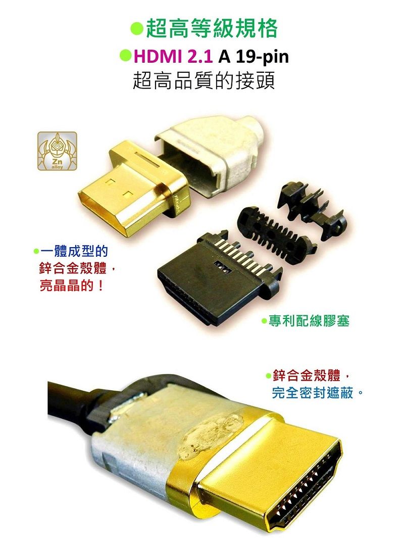 Znalloy一體成型的鋅合金殼體,亮晶晶的!超高等級規格HDMI 2.1 A 19-pin超高品質的接頭專利配線膠塞@鋅合金殼體,完全密封遮蔽。