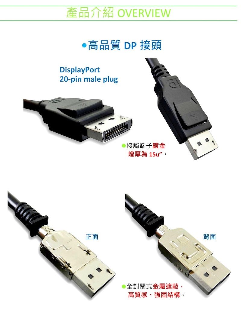 產品介紹 OVERVIEW高品質DP接頭DisplayPort20-pin male plug正面接觸端子鍍金增厚為 15u。@全封閉式金屬遮蔽高質感、強固結構。背面