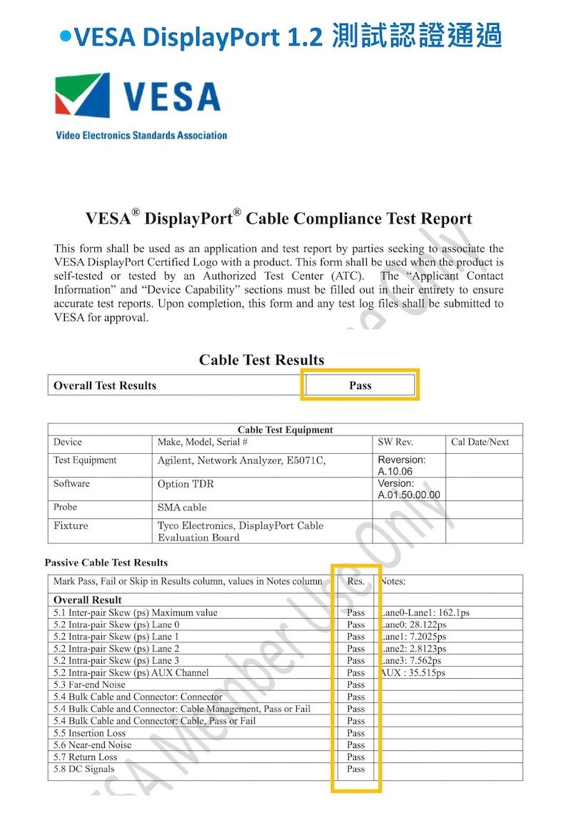 VESA DisplayPort 2VESAVideo Electronics Standards AssociationVESA DisplayPort Cable Compliance Test ReportThis form shall be used as an application and test report by parties seeking to associate theVESA DisplayPort Certified Logo with a product This form shall be used when the product isself-tested or tested by an Authorized Test Center (ATC). The Applicant ContactInformation and Device Capability sections must be filled out in their entirety to ensureaccurate test reports. Upon completion this form and any test log files shall be submitted toVESA for approval.Cable Test ResultsOverall Test ResultsPassCable Test EquipmentDeviceMake, Model, Serial #SW Rev.Cal Date/NextTest EquipmentAgilent, Network Analyzer, E5071C,ReversionA.10.06SoftwareOption TDRVersionA.01.50.00.00ProbeSMA cableFixtureTyco Electronics, DisplayPort CableEvaluation Boardve Cable Test ResultsMark Pass, Fail or Skip in Results column, values in Notes columnNotes:Overall Result5.1 Inter-pair Skew (ps) Maximum value5.2 Intra-pair Skew (ps) Lane 0Lane0-: 162.1psLane0: 28.122ps5.2 Intra-pair Skew (ps) Lane 1PassLanel: 7.2025ps5.2 Intra-pair Skew (ps) Lane 2PassLane2: 2.8123ps5.2 Intra-pair Skew (ps) Lane 3PassLane3: 7.562ps5.2 Intra-pair Skew (ps) AUX ChannelPassAUX: 35.515ps5.3 Far-end Noise5.4 Bulk Cable and Connector: ConnectorPass5.4 Bulk Cable and Connector: Cable Management, Pass or Fail5.4 Bulk Cable and Connector: Cable, Pass or FailPass5.5 Insertion 5.6 Near-end Noise5.7 Return Loss5.8 DC SignalsPassPassi