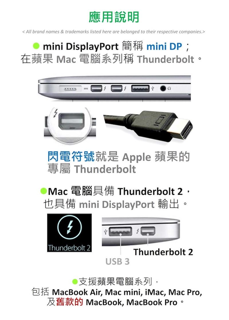 應用說明All brand names & trademarks listed here are belonged to their respective companies DisplayPortmini DP在蘋果 Mac 電腦系列稱 Thunderbolt。閃電符號就是 Apple 蘋果的ThunderboltMacThunderbolt 也具備 mini DisplayPort 輸出。Thunderbolt 2USB 3Thunderbolt 2支援蘋果電腦系列,MacBook Air, Mac mini, iMac, Mac Pro,MacBook, MacBook Pro