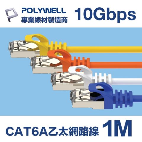 POLYWELL CAT6A 10Gbps 高速乙太網路線 1M 適合2.5G/5G/10G網卡, 網路交換器, NAS伺服器