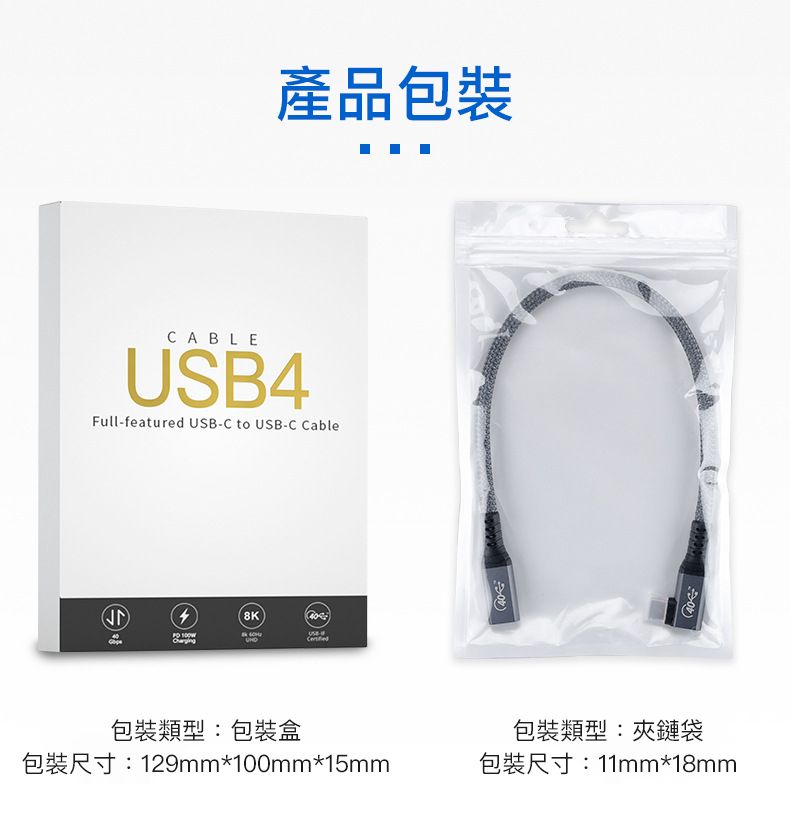 CABLEUSB4Full-featured USB-C to USB-C Cable 包裝類型:包裝盒包裝尺寸:129mm*100mm*15mm產品包裝40(40包裝類型:夾鏈袋包裝尺寸:11mm*18mm