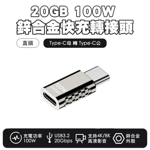 SHOWHAN 鋅合金20Gbps 100W Type-C母轉Type-C公 快充轉接頭-直頭