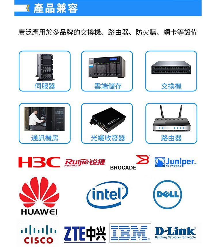 產品兼容廣泛應用於多品牌的交換機、路由器、防火牆、網卡等設備伺服器雲端儲存交換機通訊機房光纖收發器路由器JuniperNetworksNETWORKSBROCADE HUAWEICISCOintelDELLZTE  DLinkZTE中兴Building Networks for People