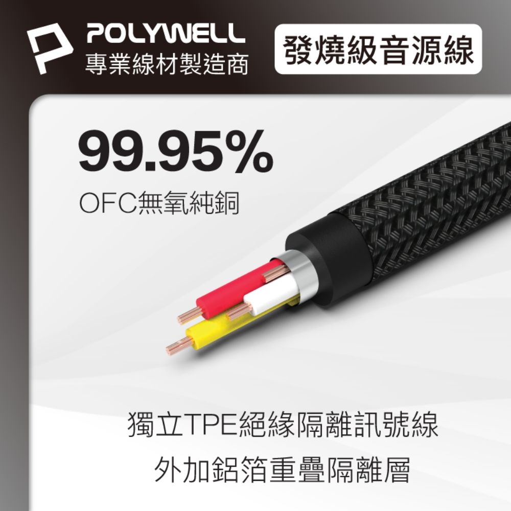 POLYWELL 寶利威爾 3.5mm AUX音源延長線 三環四節 公對母 BRAID版 /3M