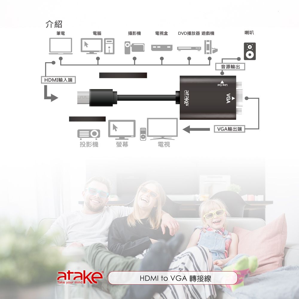 筆電電腦攝影機電視盒DVD播放器 遊戲機喇叭介紹HDMI輸入端投影機螢幕atake音源輸出 VGAVGA輸出端電視atakeHDMI to VGA 轉接線Take your mind