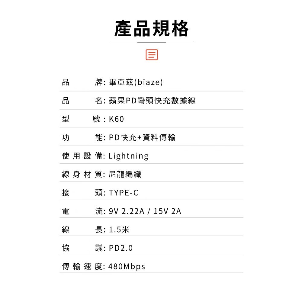 產品規格牌: 畢亞茲(biaze)品名:蘋果PD彎頭快充數據線型號:K60功能:PD快充+資料傳輸使用設備: Lightning線身材質:尼龍編織接頭:TYPE-C電: 9V 2.22A / 15V 2A線長:1.5米議:PD2.0傳輸速度:480Mbps