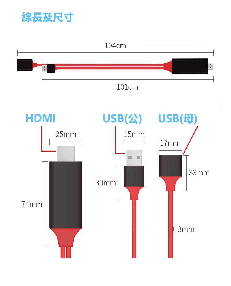 線長及尺寸HDMI74mm104cm101cmUSB(公)USB(母)25mm15mm17mm30mm33mm3mm