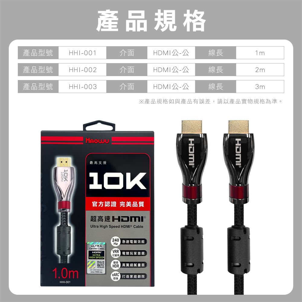  ATC高頻測試通過 HAOWU HDMI 10K鋅合金認證線1m(HHI-001)