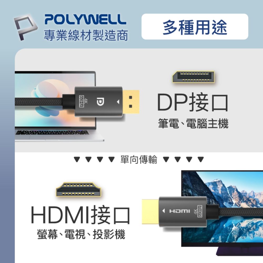 POLYWELL 寶利威爾 DP轉HDMI轉換線 4K60Hz /1.8M