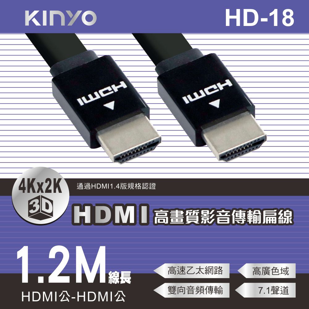 KINYO 1.2M_HDMI高畫質影音傳輸扁線 HD-18