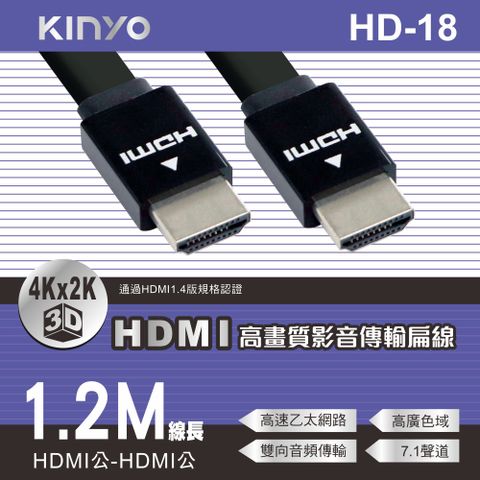 ★登記送好禮【KINYO】1.2M_HDMI高畫質影音傳輸扁線 HD-18