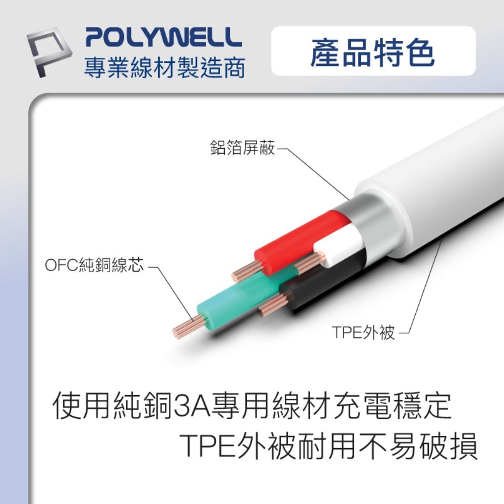 POLYWELL 寶利威爾 USB Type-A To Lightning 3A 充電傳輸線 /1M