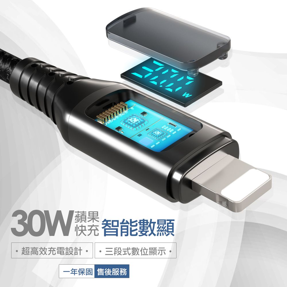 PICKOGEN 【 皮克全】VAW數顯 USB-C TO Lightning PD 充電線傳輸線快充編織線 維納斯 1.8M 黑色