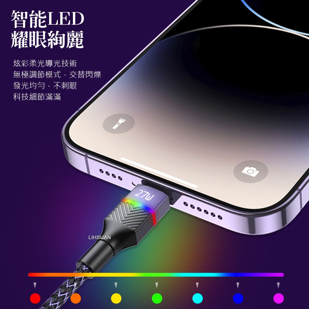 TOTU Type-C TO Lightning PD充電線傳輸線快充線 LED 征程系列 1.5M 拓途 紫色
