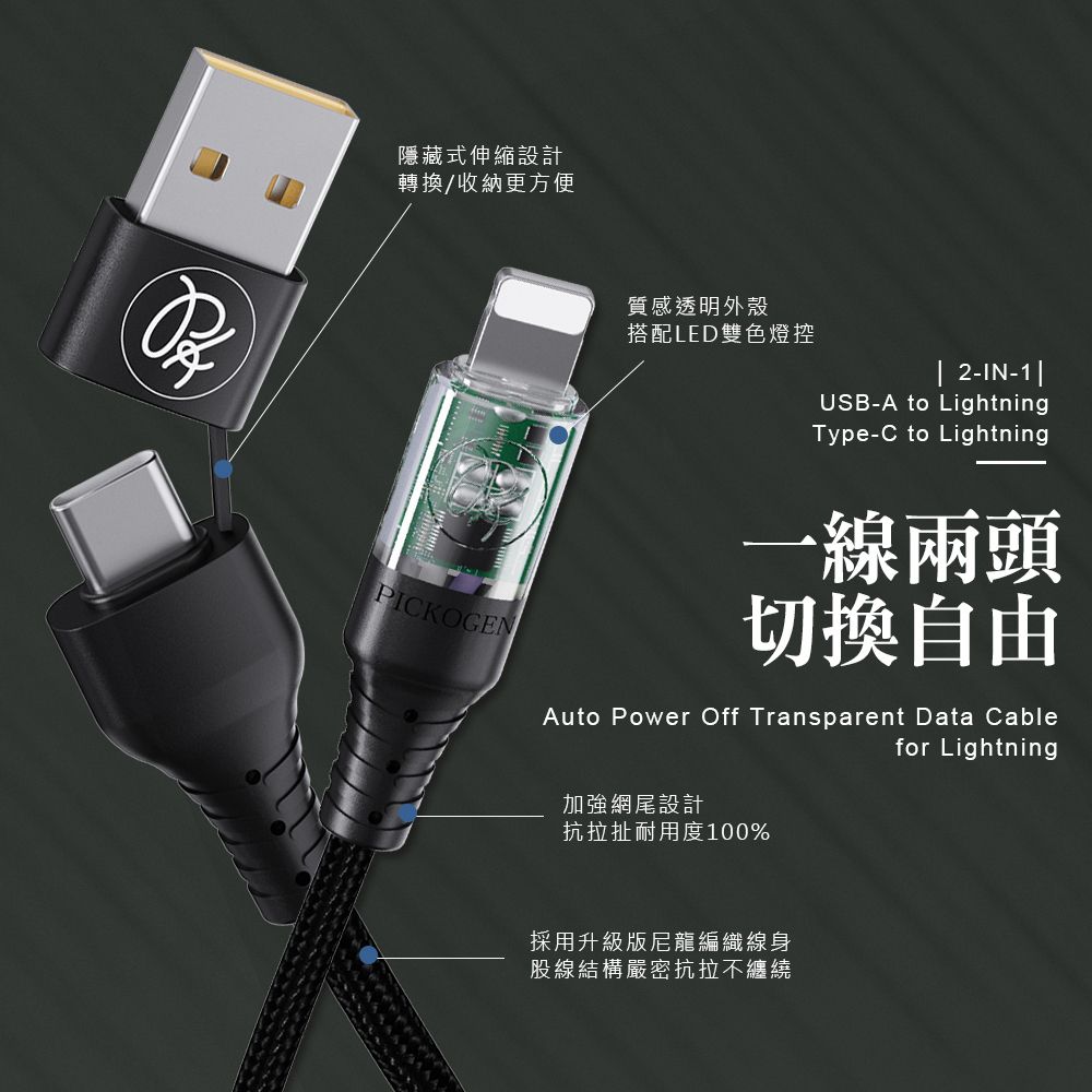 PICKOGEN 【 皮克全】二合一 PD/Lightning/Type-C/iPhone充電線傳輸線快充線編織線 閃速 1.2M 黑色