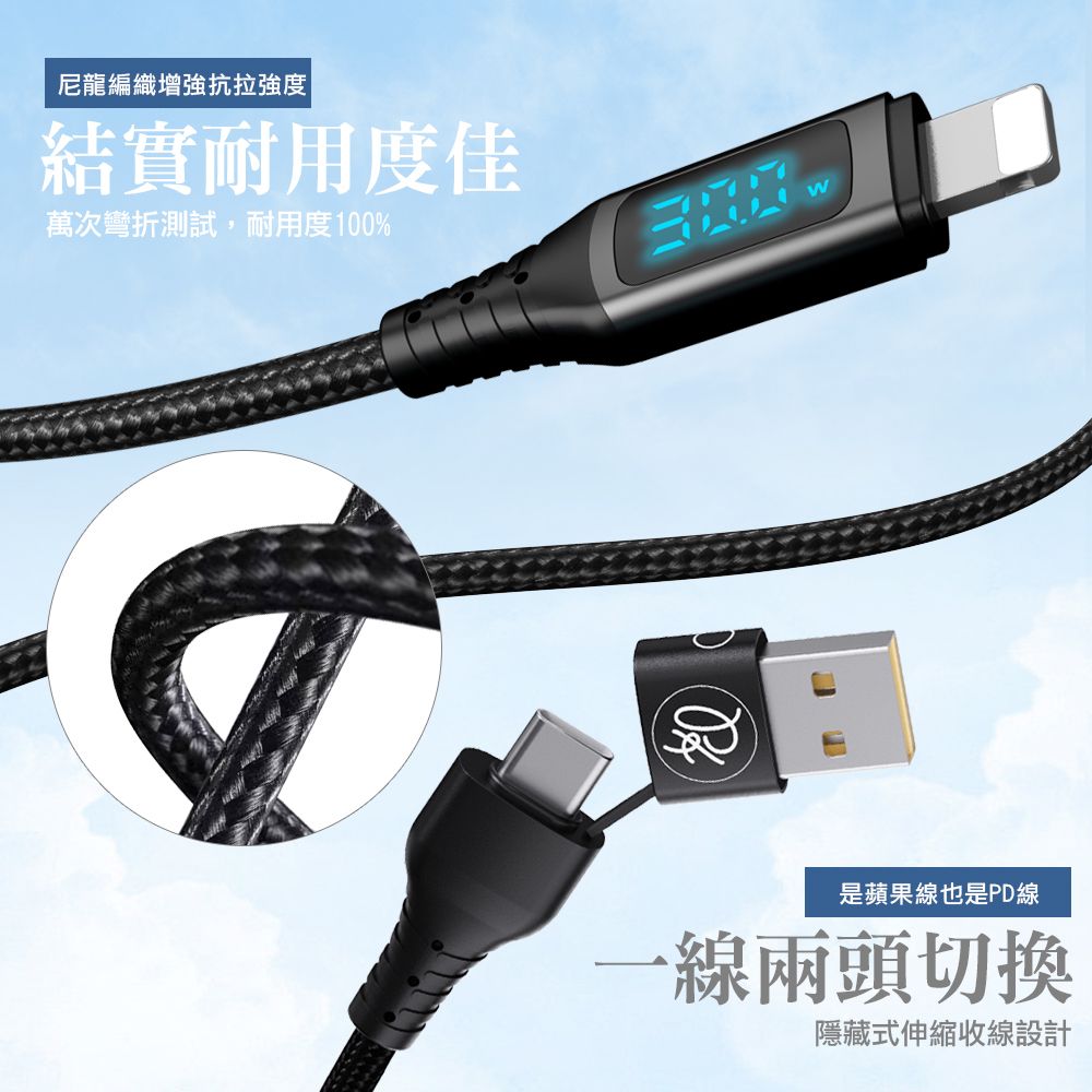 PICKOGEN 【 皮克全】二合一 Type-C/USB-A TO Lightning PD充電線傳輸線快充線編織線 神速 1.2M 紫色